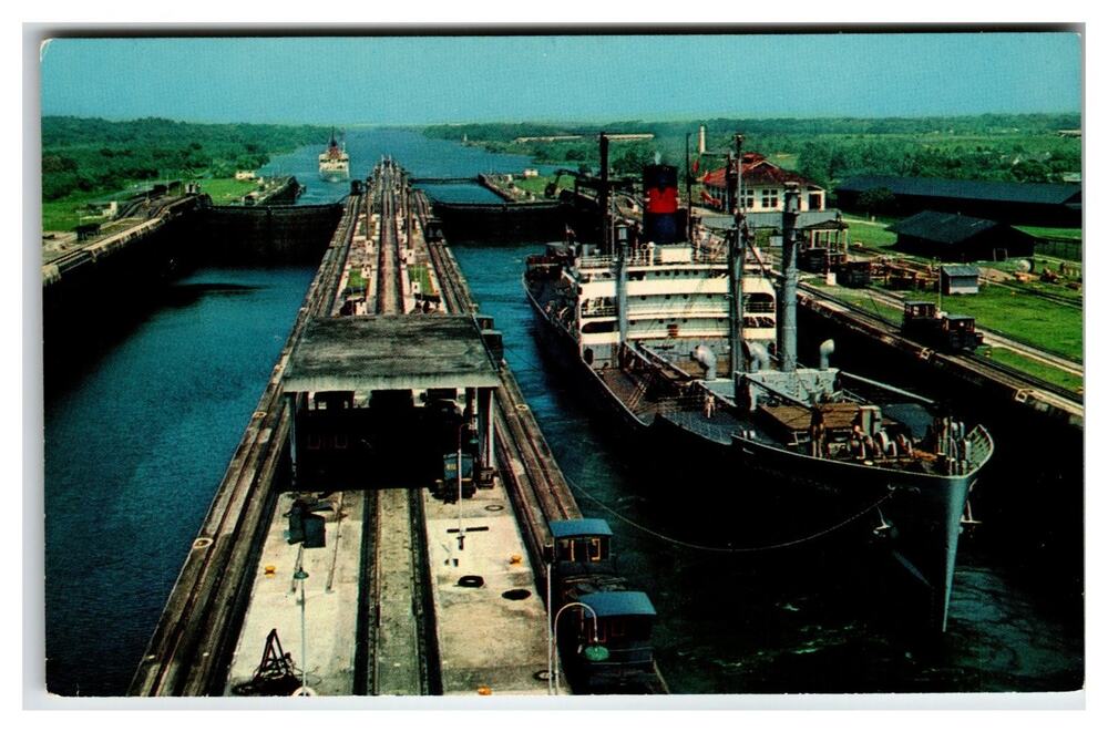 Vintage Panama Canal Gatun Locks Mirro-Krome Postcard H.S. Crocker Ship